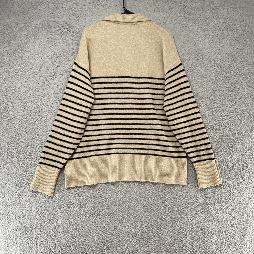 Zara Sweater Womens Medium Beige Collared Striped Button Knit Old Money Pullover - Picture 9 of 13